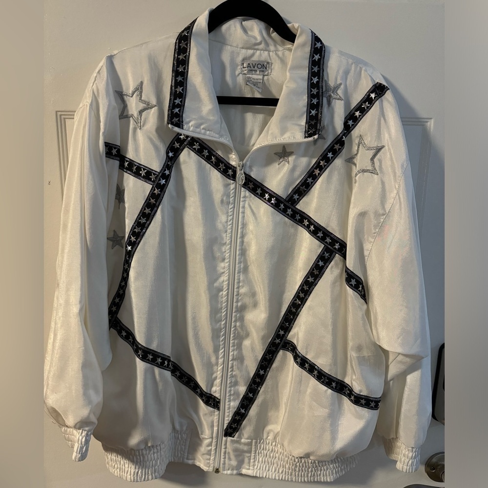 Lavon 80’s Windbreaker Cheer Jacket Silver Black Shiny Embroidered Star Bomber